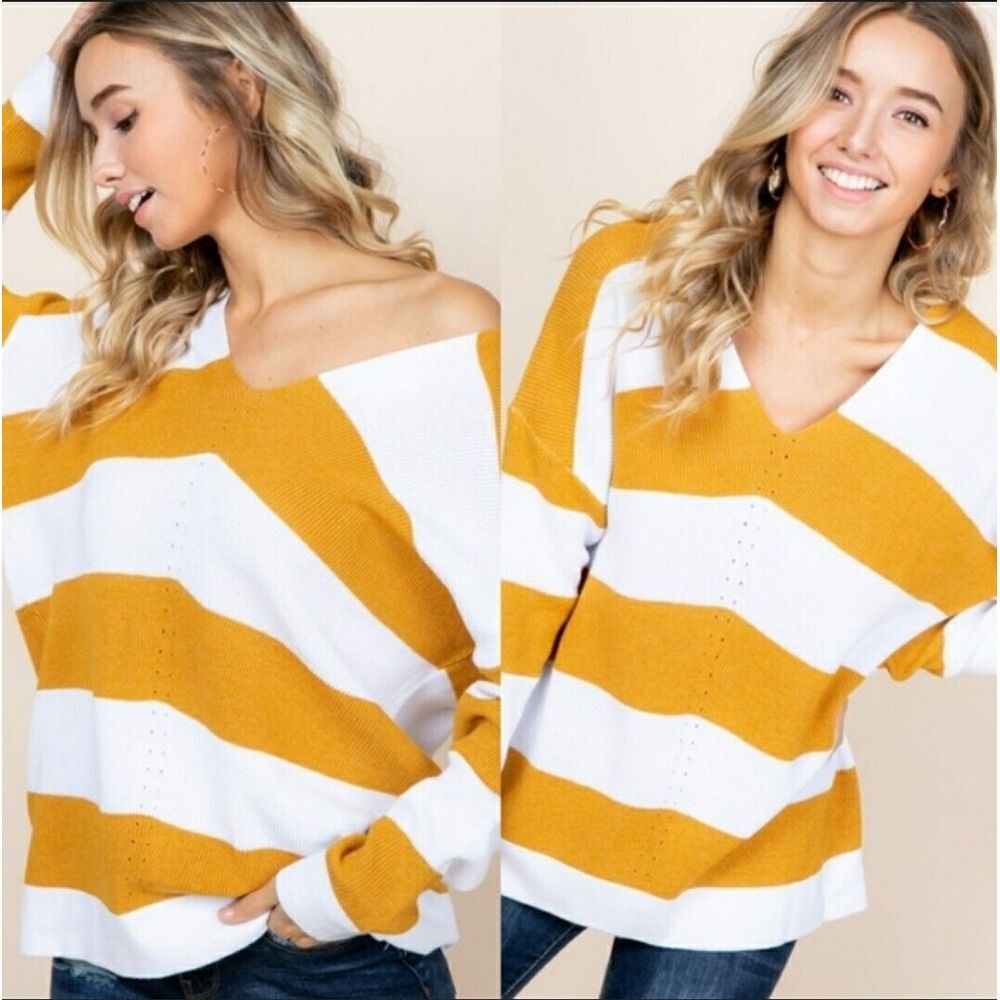 Reborn‎ J Rugby Striped V Neck Overized Sweater Knitted Pullover Size Small